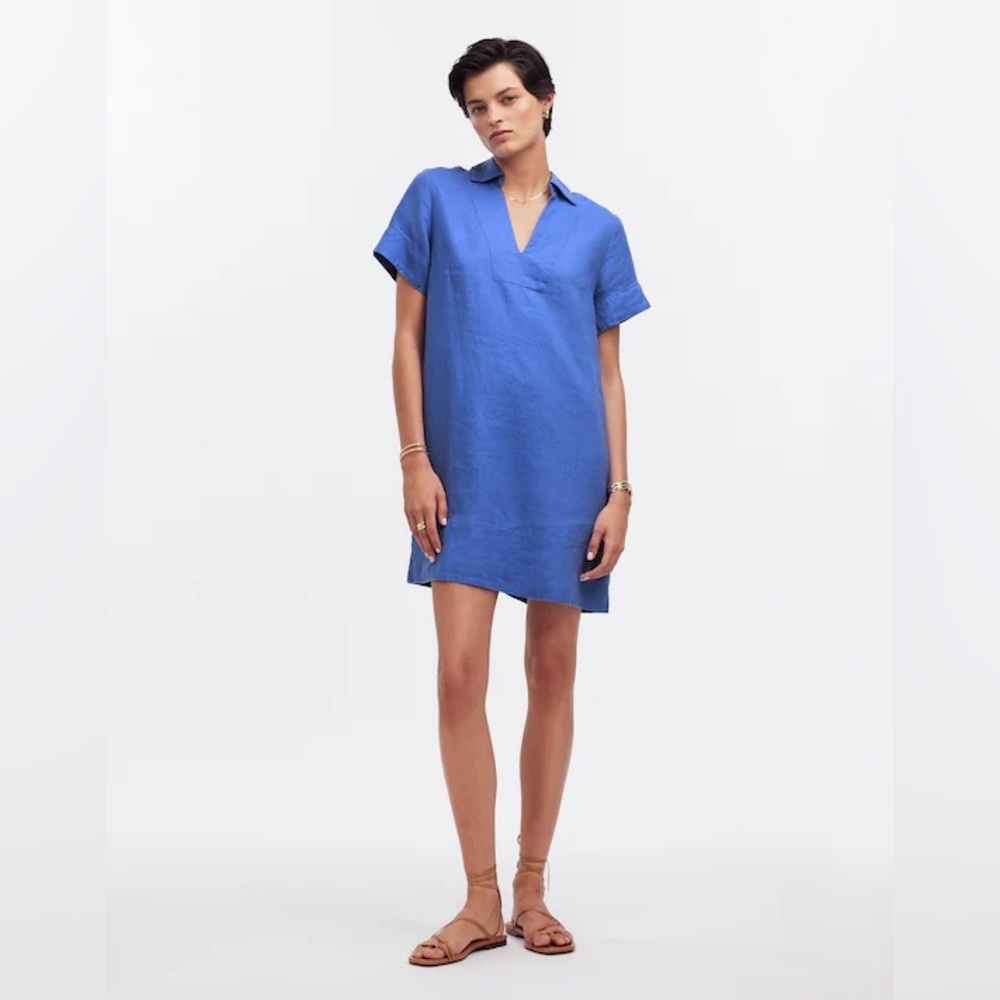 Madewell V-Neck 100% Linen Mini Dress Blue Star Vacation Resortwear 3X